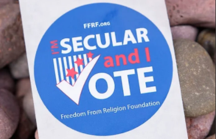Blue sticker with white and red lettering "I'm Secular and I Vote"